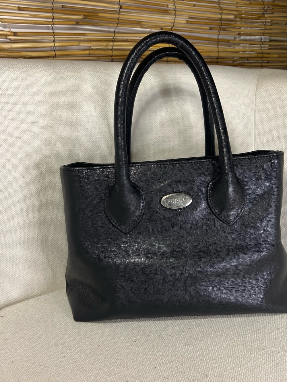 Furla Black Saffiano-Texture Leather Tote with Silver Plaque